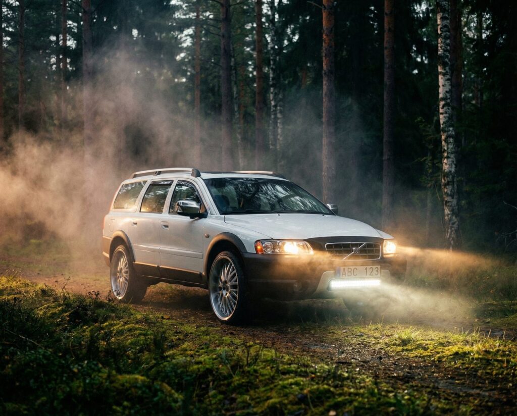 Volvo XC70 with a Luxtar LED bar in the grille on a misty forest road
